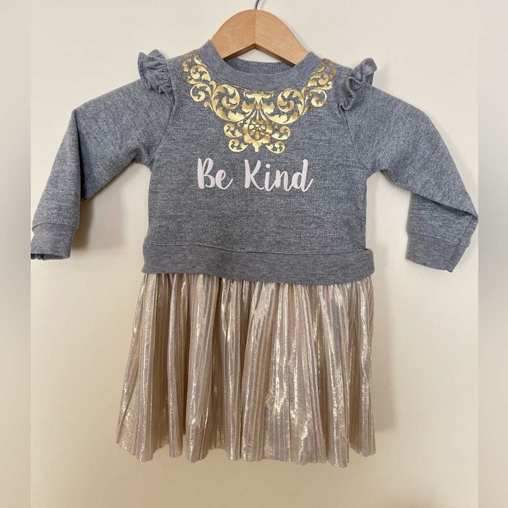 Bonnie Jean Toddler Girl‎ Sweater Dress Metallic Knit Gold Gray 2T Pleated